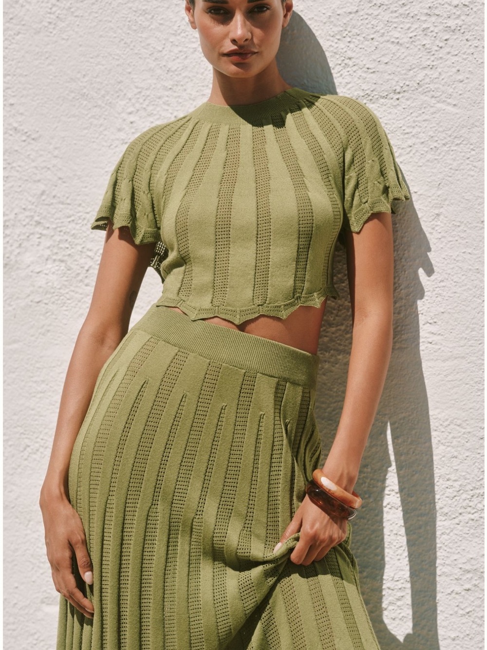 Anthropologie Olive Green Knit Skirt Set